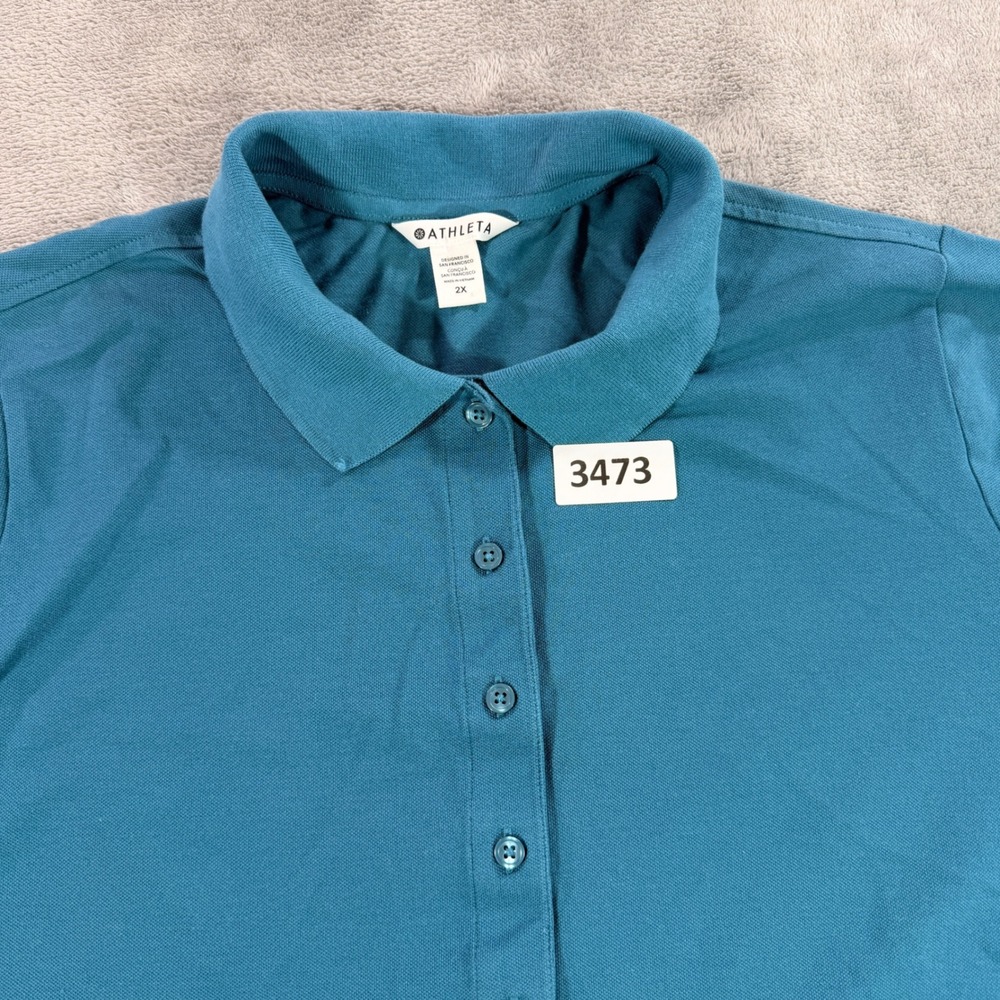 Athleta Pique Short Sleeve Polo Women 2X Blue‎ S/798577-00 Stretch Cotton Blend